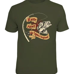 Rahmenlos Angelshirts & Angel-Oberteile<"Rute raus, der Spaß beginnt" T-Shirt Unisex (Grün)