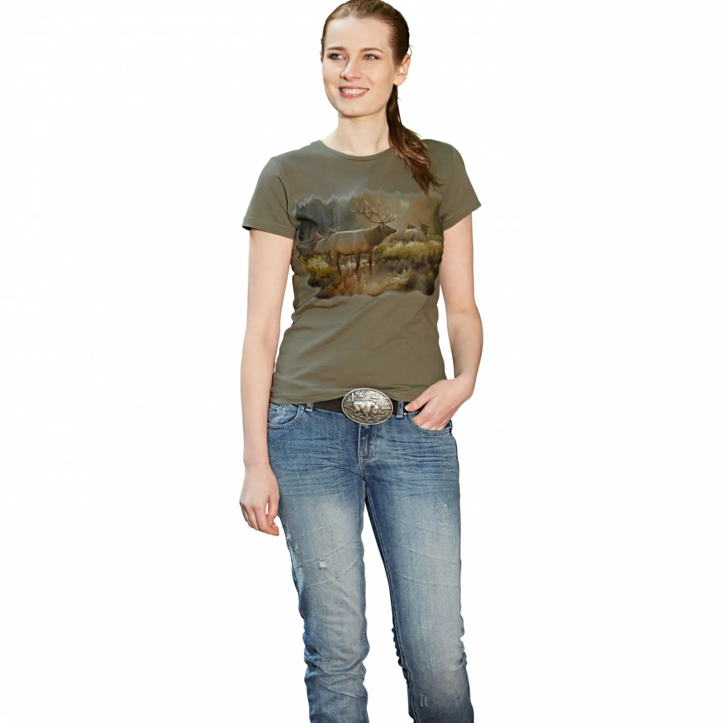 Damen Angelshirts & -Oberteile<T-Shirt "Rotwild" Damen (Oliv)